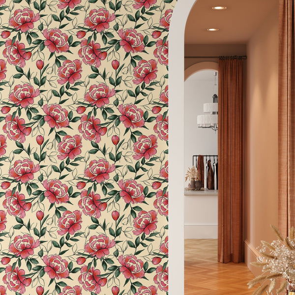 Floral Pattern Removable Wallpaper, Pretty Red Flower Wall Cling, Botanical , Modern Home Decor, Decorative Wall Mural Decal