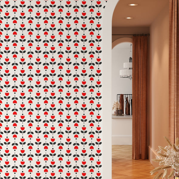 Tulip Pattern Removable Wallpaper, Pretty Red Flower Wall Cling, Botanical , Modern Home Decor, Decorative Wall Mural Decal