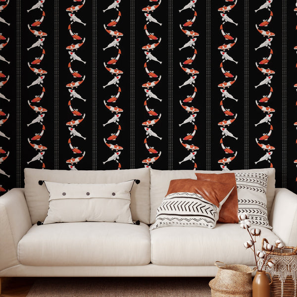 Koi Pattern Removable Wallpaper, Pretty Artistic Wall Cling, Animal , Modern Home Decor, Black Decorative Wall Mural Decal