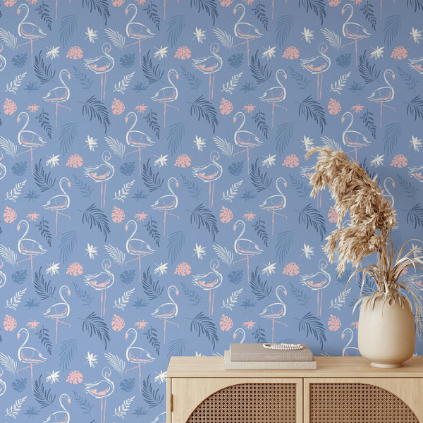 Flamingo Pattern Removable Wallpaper, Pretty Blue Wall Cling, Animal , Modern Home Decor, Cool Decorative Wall Mural Decal