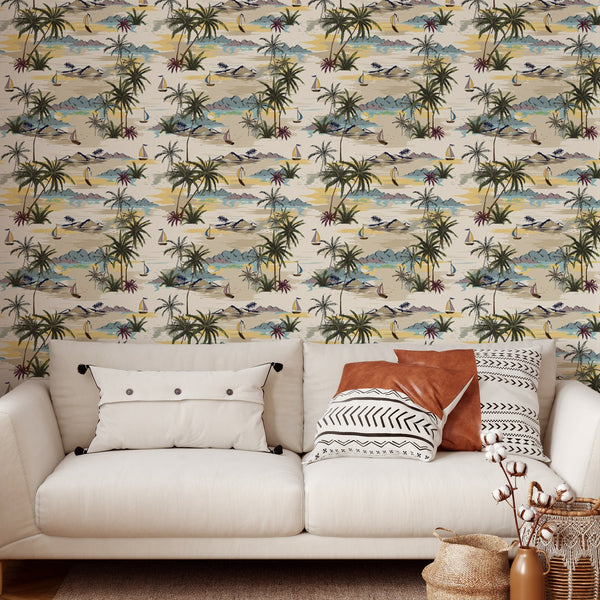 Palm Pattern Removable Wallpaper, Colorful Island Wall Cling, Tropical , Modern Home Decor, Pretty Decorative Wall Mural Decal