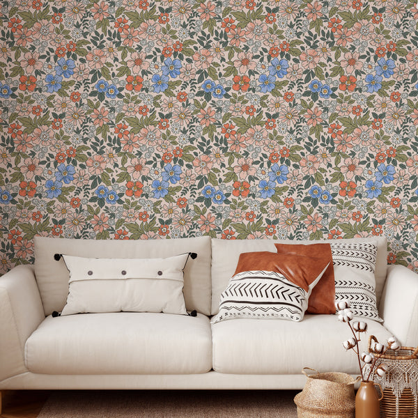 Floral Pattern Removable Wallpaper, Pretty Vintage Wall Cling, Botanical , Modern Home Decor, Decorative Wall Mural Decal