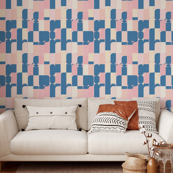 Pink and Blue Pattern Removable Wallpaper, Vintage Wall Cling, Geometric , Modern Home Decor, Decorative Wall Mural Decal