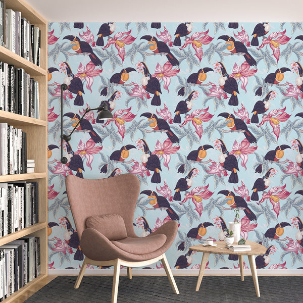 Toucan Pattern Removable Wallpaper, Pretty Floral Wall Cling, Animal , Modern Home Decor, Cool Decorative Wall Mural Decal