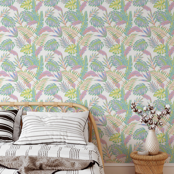 Tropical Leaf Pattern Removable Wallpaper, Colorful Wall Cling, Botanical , Modern Home Decor, Decorative Wall Mural Decal