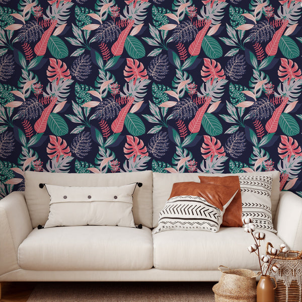 Tropical Leaf Pattern Removable Wallpaper, Colorful Wall Cling, Botanical , Modern Home Decor, Decorative Wall Mural Decal