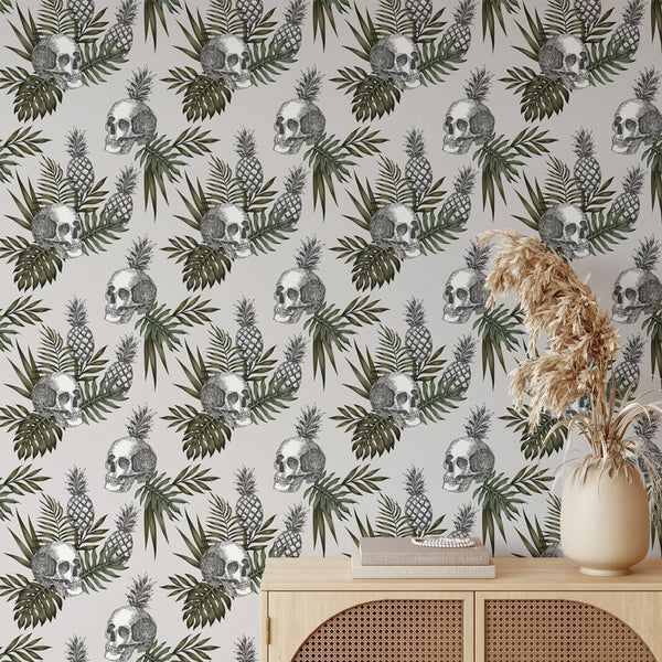 Pineapple Skull Pattern Removable Wallpaper, Cool Leaf Wall Cling, Artistic , Modern Home Decor, Decorative Wall Mural Decal