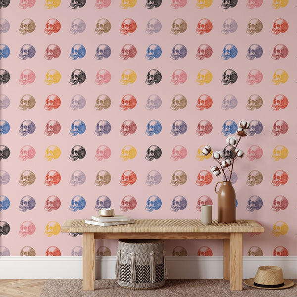 Colorful Skull Pattern Removable Wallpaper, Macabre Wall Cling, Artistic , Modern Home Decor, Decorative Wall Mural Decal