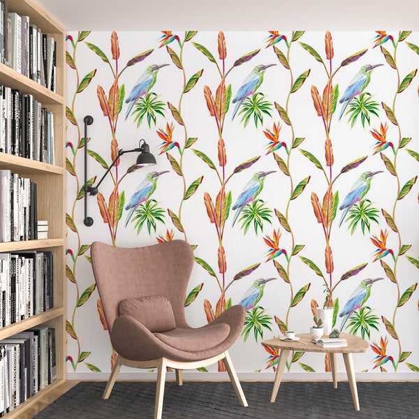 Tropical Bird Pattern Removable Wallpaper, Pretty Floral Wall Cling, Animal , Modern Home Decor, Decorative Wall Mural Decal