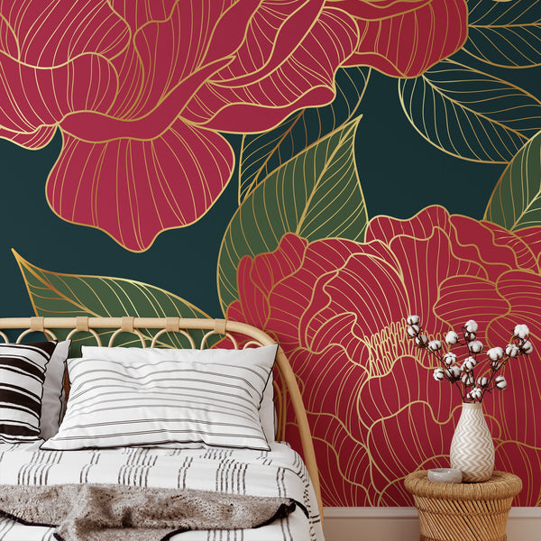 Peony Pattern Removable Wallpaper, Pretty Floral Wall Cling, Botanical , Modern Home Decor, Cool Decorative Wall Mural Decal