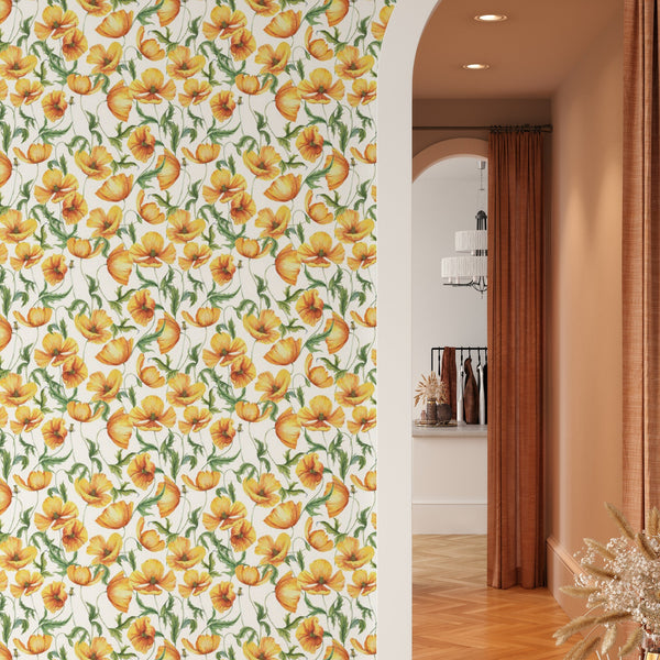Floral Pattern Removable Wallpaper, Orange Flower Wall Cling, Botanical , Home Decor, Pretty Decorative Wall Mural Decal
