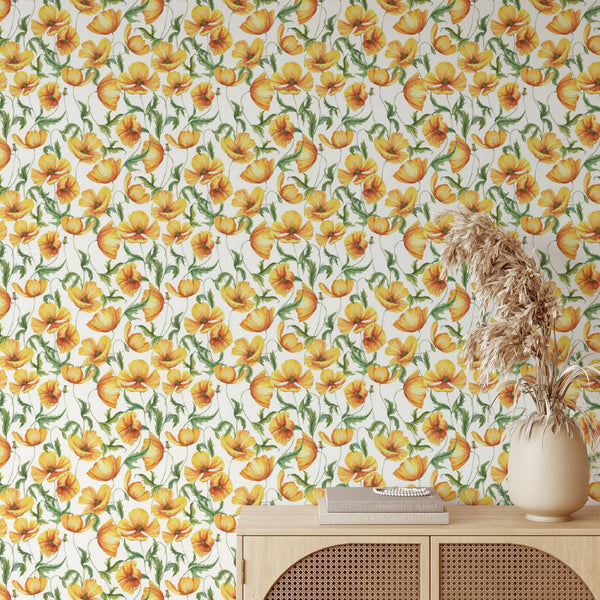 Floral Pattern Removable Wallpaper, Orange Flower Wall Cling, Botanical , Home Decor, Pretty Decorative Wall Mural Decal
