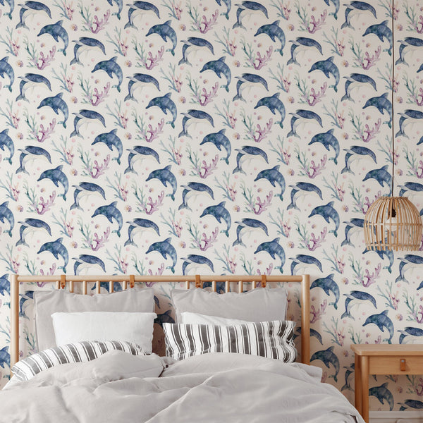 Dolphin Pattern Removable Wallpaper, Pretty Underwater Wall Cling, Animal , Modern Home Decor, Decorative Wall Mural Decal