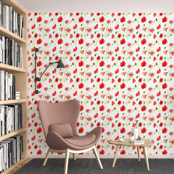 Red Poppy Pattern Removable Wallpaper, Pretty Flower Wall Cling, Botanical , Modern Home Decor, Decorative Wall Mural Decal