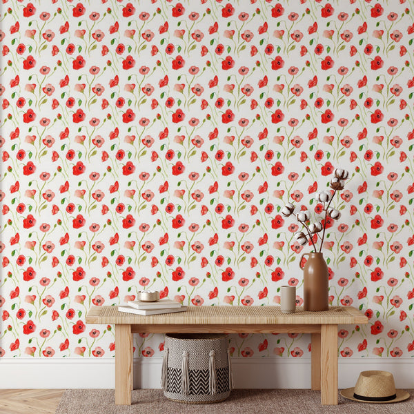 Red Poppy Pattern Removable Wallpaper, Pretty Flower Wall Cling, Botanical , Modern Home Decor, Decorative Wall Mural Decal