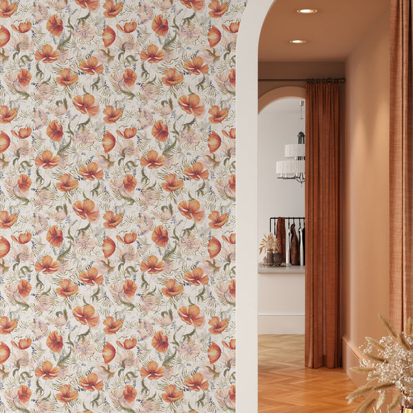 Orange Floral Pattern Removable Wallpaper, Cool Flower Wall Cling, Botanical , Modern Home Decor, Decorative Wall Mural Decal