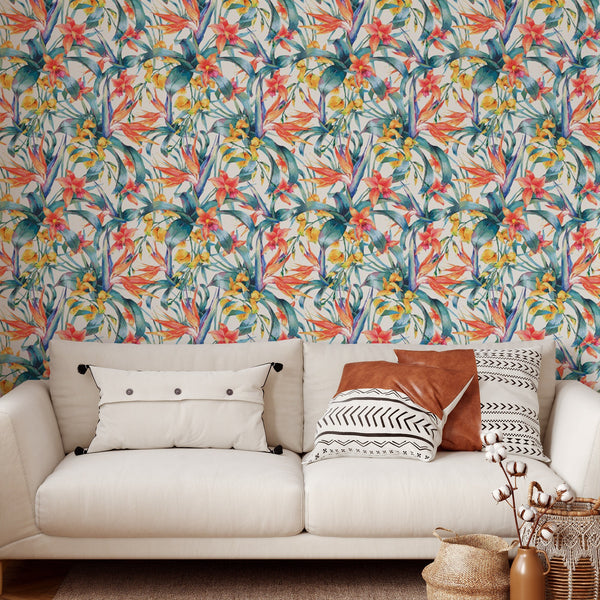 Tropical Floral Pattern Removable Wallpaper, Flower Wall Cling, Botanical , Modern Home Decor, Decorative Wall Mural Decal