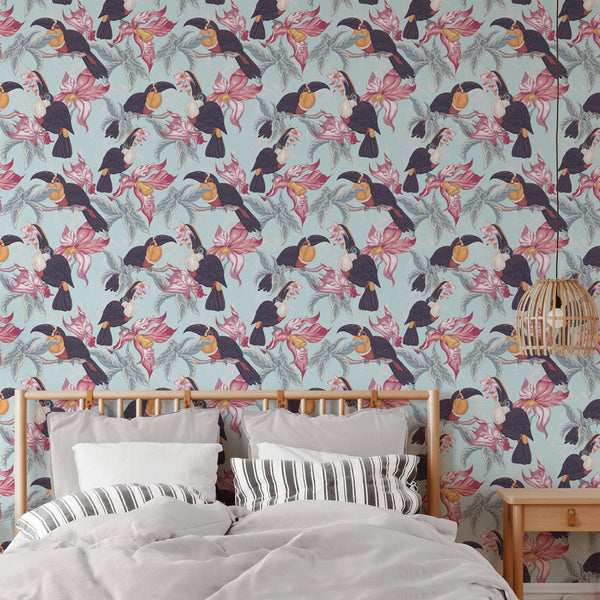 Toucan Pattern Removable Wallpaper, Pretty Floral Wall Cling, Animal , Modern Home Decor, Cool Decorative Wall Mural Decal