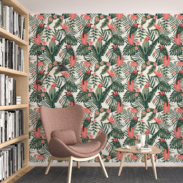 Palm Bird Pattern Removable Wallpaper, Pretty Floral Wall Cling, Animal , Modern Home Decor, Cool Decorative Wall Mural Decal
