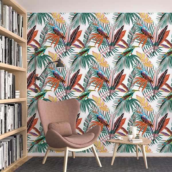 Tropical Bird Pattern Removable Wallpaper, Floral Wall Cling, Botanical , Modern Home Decor, Decorative Wall Mural Decal
