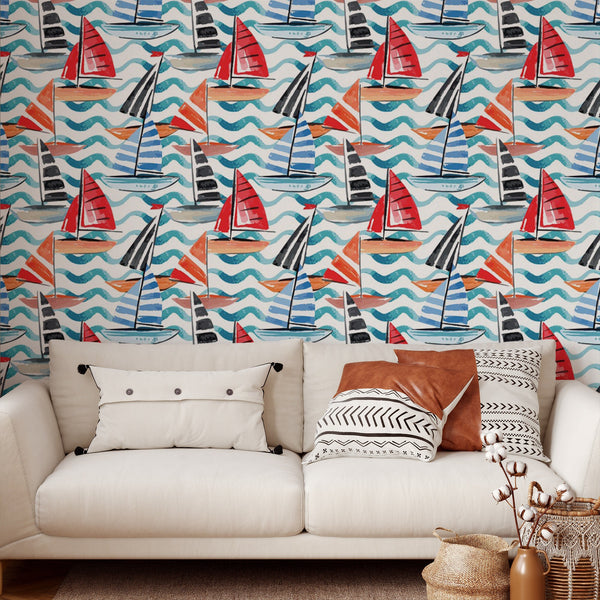 Boat Pattern Removable Wallpaper, Cool Ocean Wall Cling, Nautical , Modern Home Decor, Pretty Decorative Wall Mural Decal