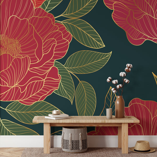 Peony Pattern Removable Wallpaper, Pretty Floral Wall Cling, Botanical , Modern Home Decor, Cool Decorative Wall Mural Decal