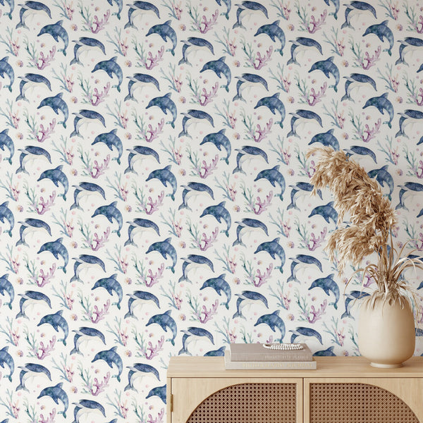 Dolphin Pattern Removable Wallpaper, Pretty Underwater Wall Cling, Animal , Modern Home Decor, Decorative Wall Mural Decal