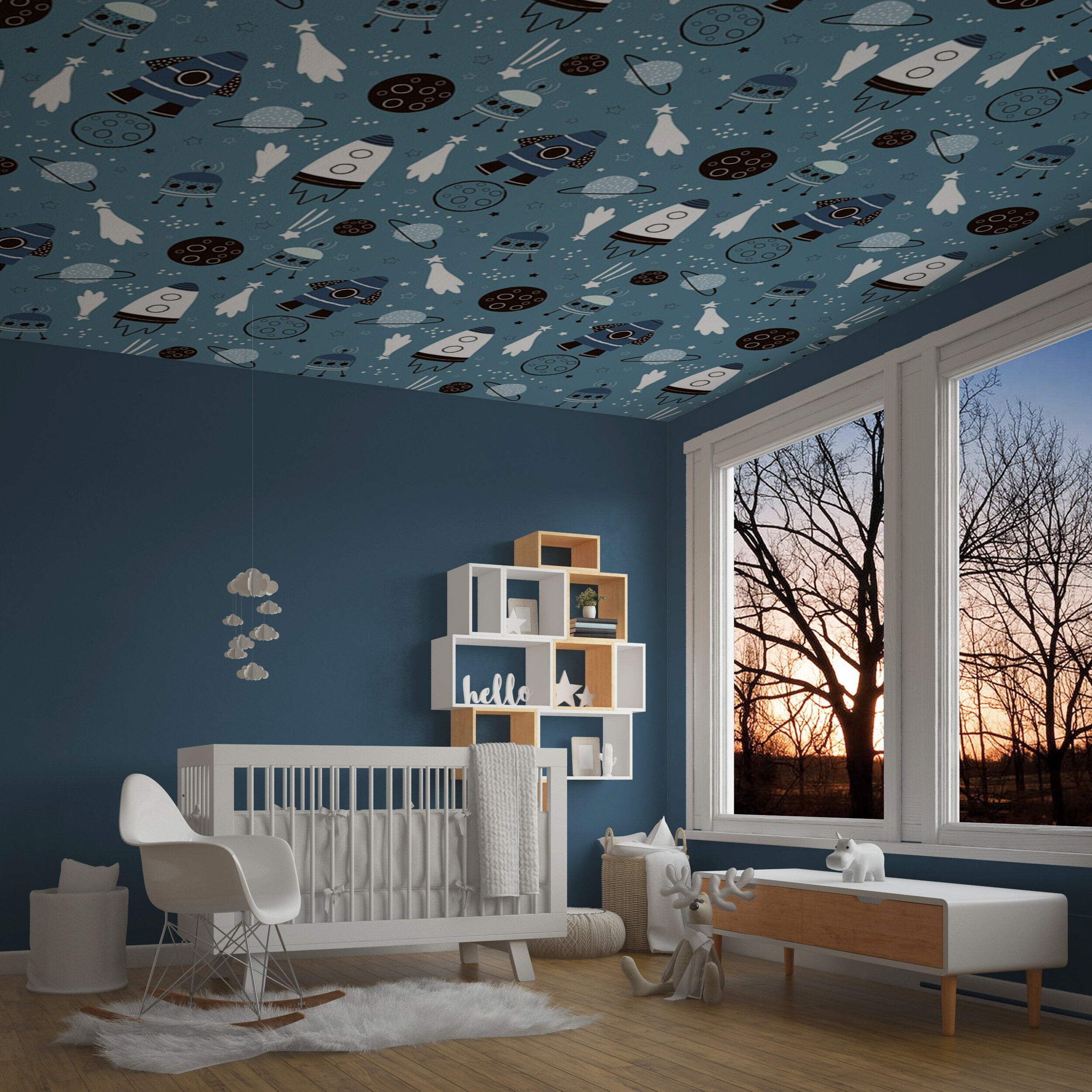 Spaceship Pattern Removable Wallpaper, Kids Bedroom Decor, Outer Space