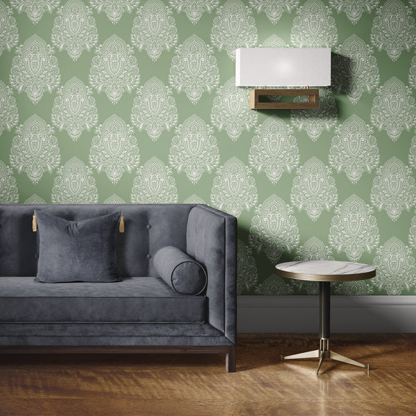 Green Intricate Removable Wallpaper, Elegant Pattern Wall Cling, Artistic , Modern Home Decor, Cool Funky Wall Mural Decal