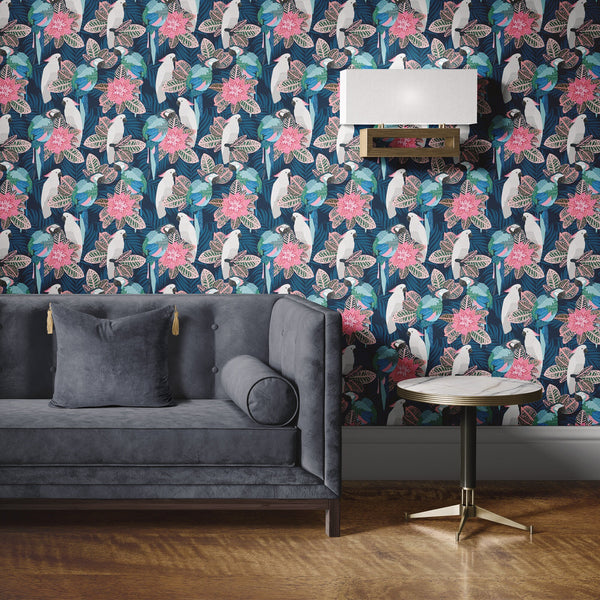 Cockatoo Pattern Removable Wallpaper, Tropical Wall Cling, Artistic , Modern Home Decor, Pretty Leaf Wall Mural Decal